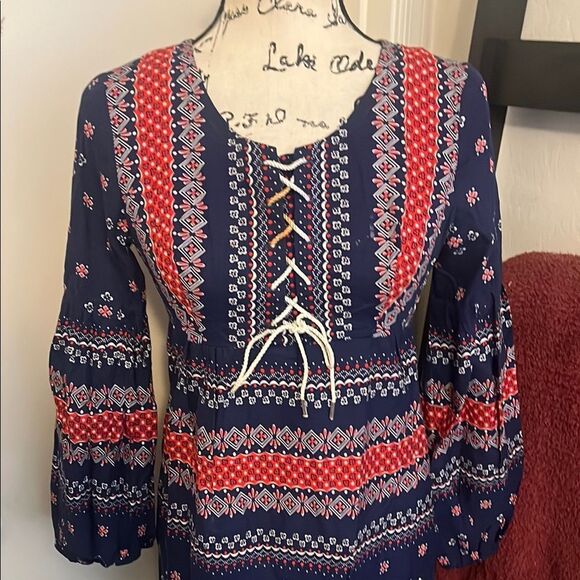 Vintage Juniors Of San Francisco Bohemian Front Lace Design Print Dress - Picture 2 of 14